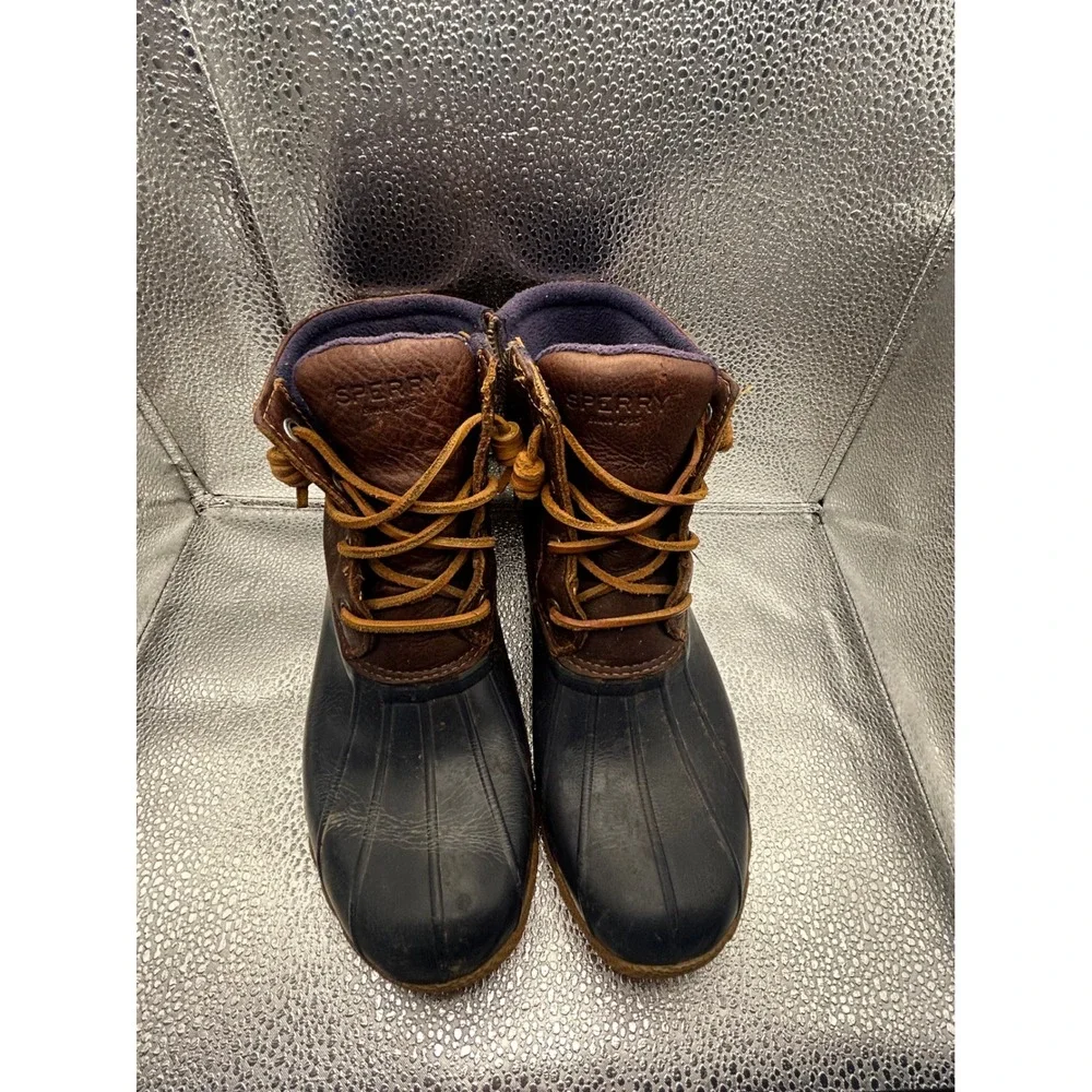 Sperry Saltwater Duck Boots Womens 7 Brown Navy Leather Waterproof STS91175